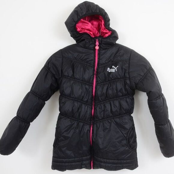 Puma Pink Black Puffer Hooded Jacket Girls Med (8-10)